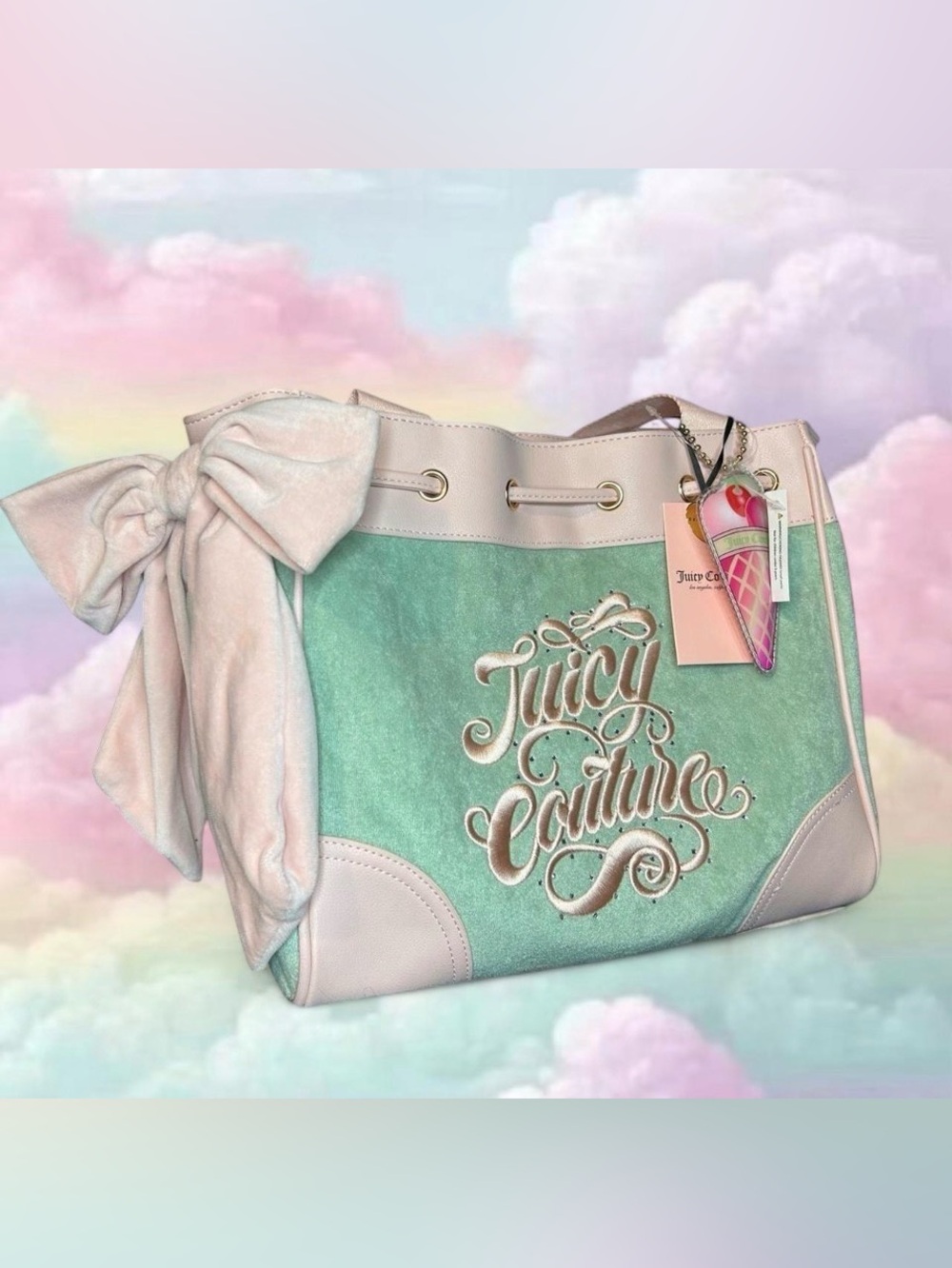 Juicy Couture Mint Green and Cream Bow Daydreamer Tote